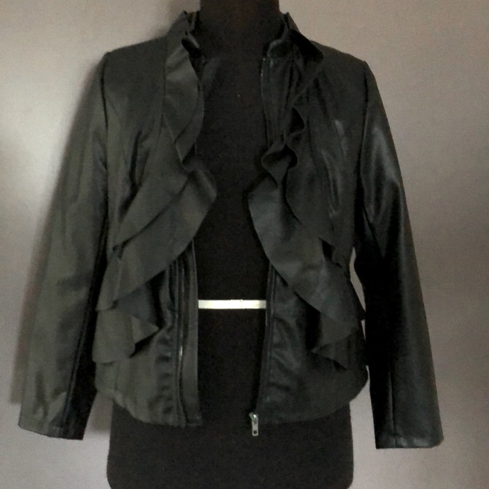 ELOQUII PLUS SIZE VEGAN LEATHER RUFFLE JACKET